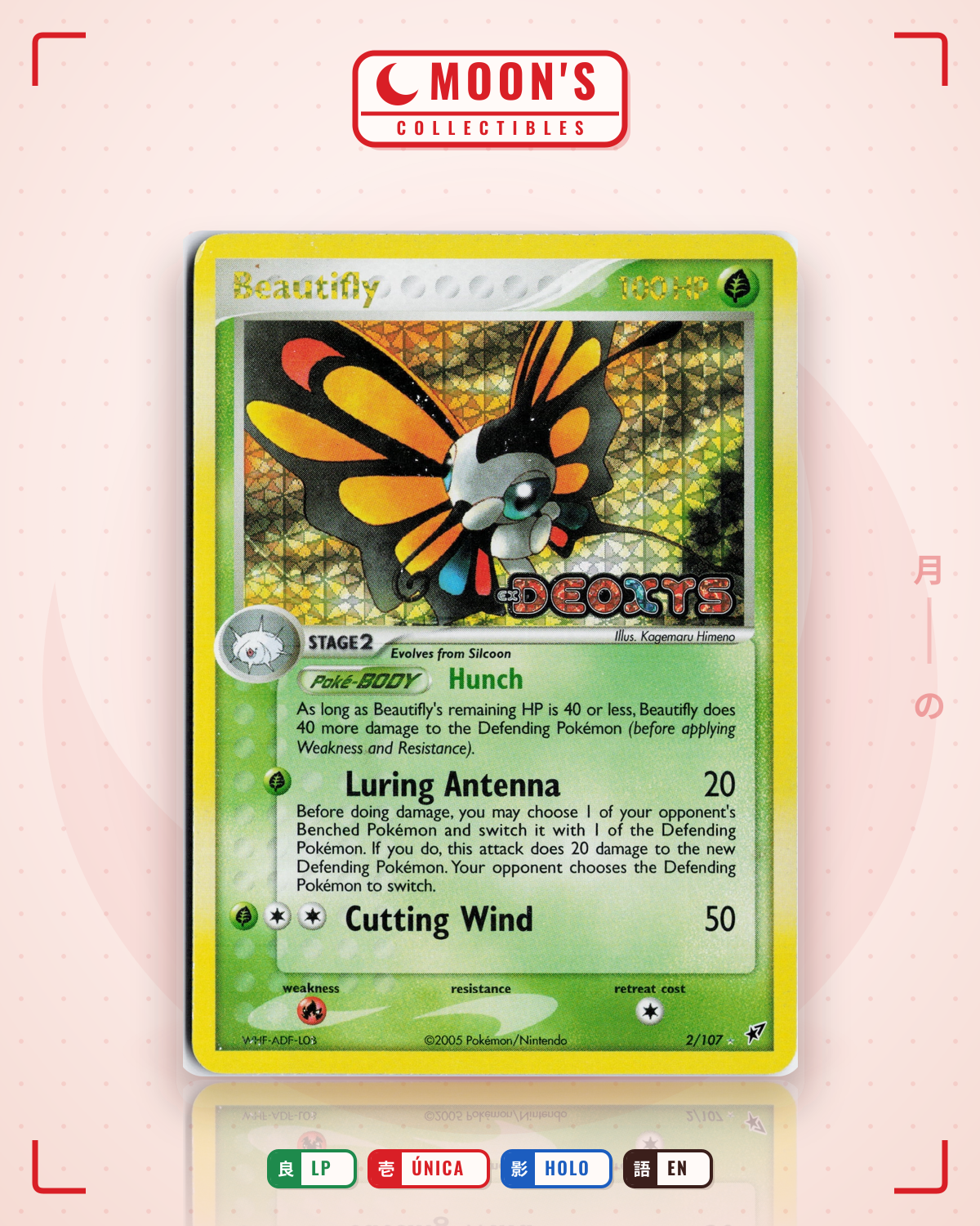 Carta Pokémon Beautifly · Deoxys #2/107 (LP) — pieza única en Moon's Collectibles México