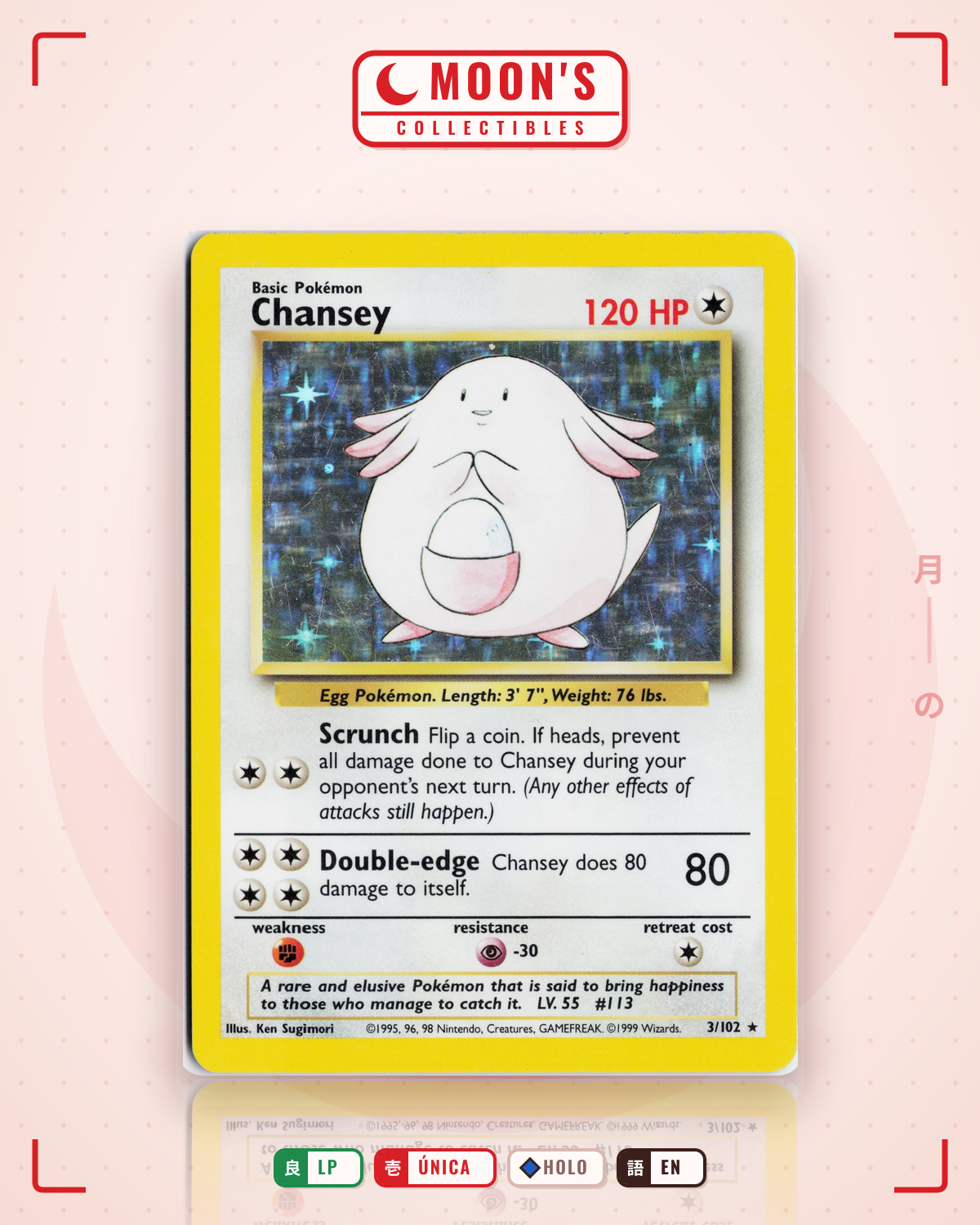 Carta Pokémon Chansey · Base #3/102 (LP) — pieza única en Moon's Collectibles México