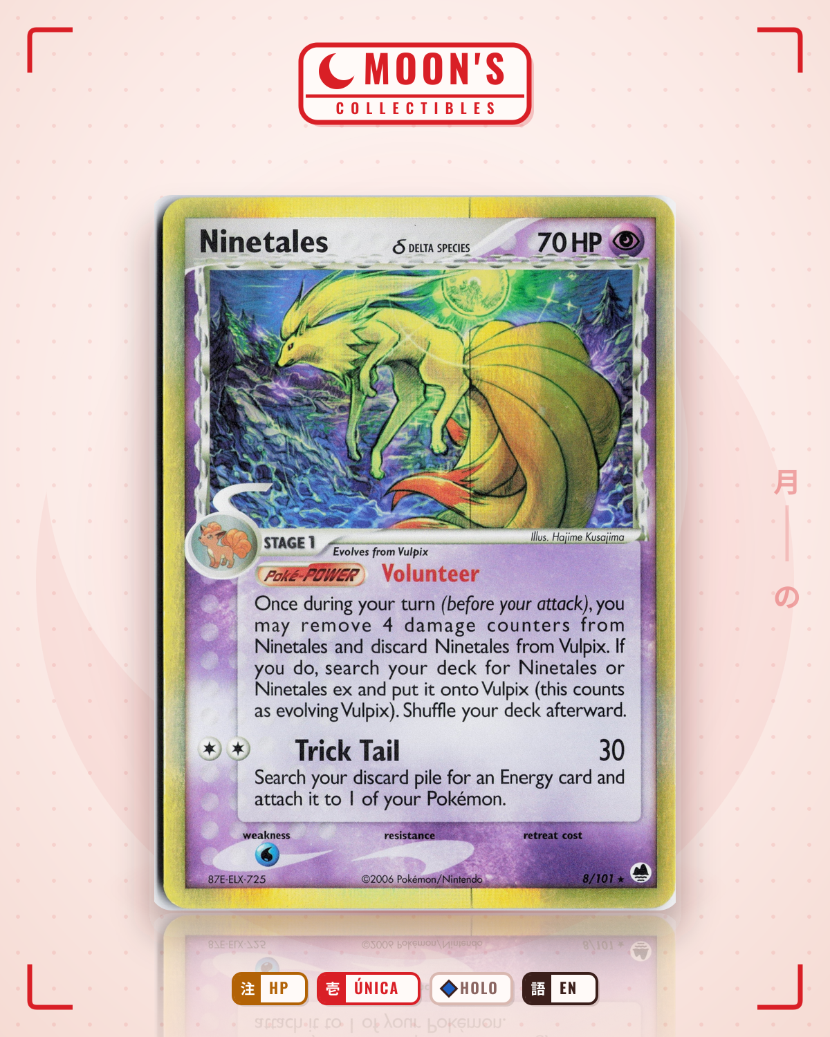 Carta Pokémon Ninetales δ · Dragon Frontiers #8/101 (HP) — pieza única en Moon's Collectibles México