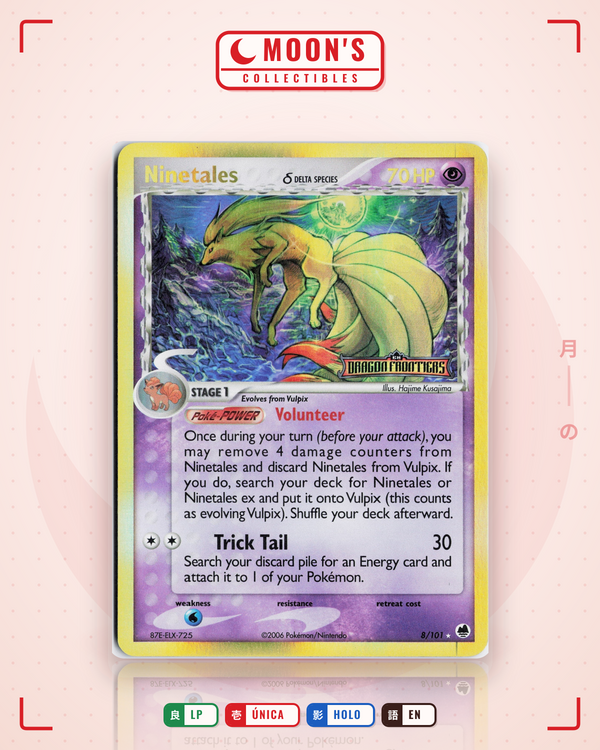 Carta Pokémon Ninetales δ · Dragon Frontiers #8/101 (LP) — pieza única en Moon's Collectibles México