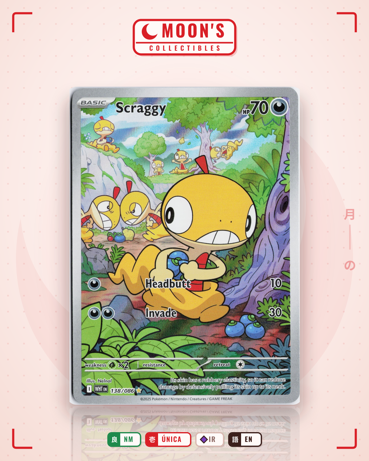 Carta Pokémon Scraggy · White Flare #138/086 (NM) — pieza única en Moon's Collectibles México