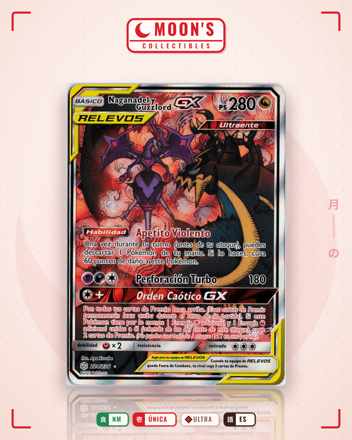 Carta Pokémon Naganadel & Guzzlord-GX · Cosmic Eclipse #224/236 (NM) — pieza única en Moon's Collectibles México