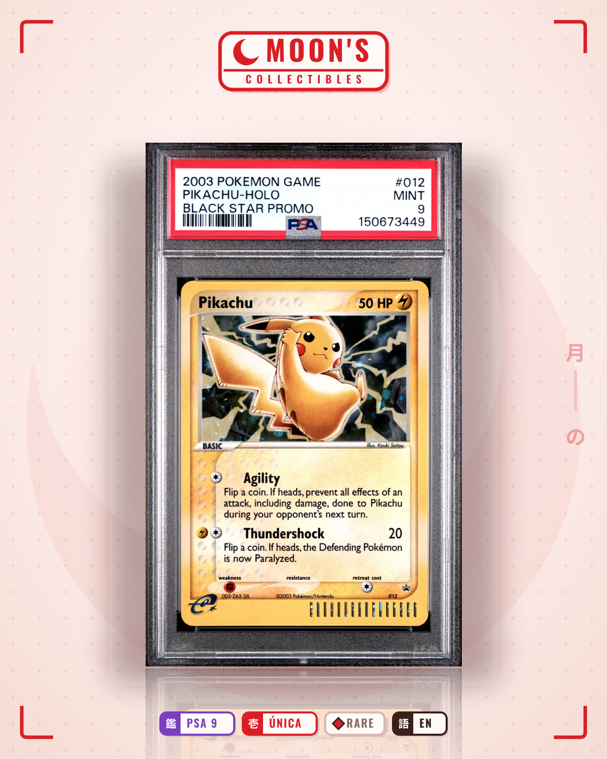 Carta Pokémon Pikachu · Nintendo Black Star Promos #012 (PSA 9) — pieza única en Moon's Collectibles México