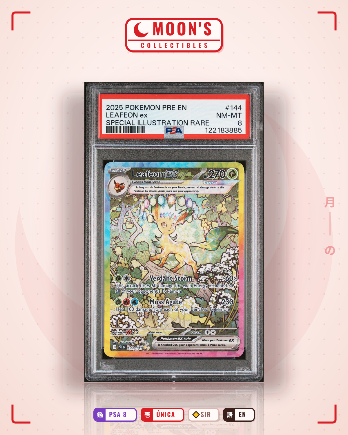Carta Pokémon Leafeon ex · Prismatic Evolutions #144/131 (PSA 8) — pieza única en Moon's Collectibles México