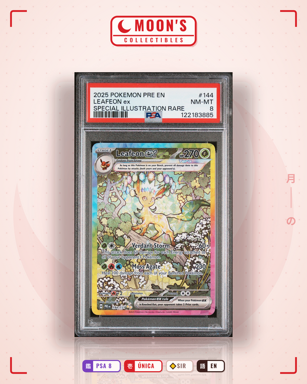 Carta Pokémon Leafeon ex · Prismatic Evolutions #144/131 (PSA 8) — pieza única en Moon's Collectibles México