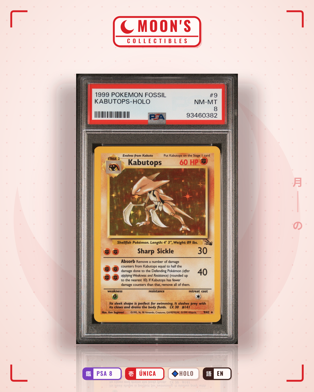 Carta Pokémon Kabutops · Fossil #9/62 (PSA 8) — pieza única en Moon's Collectibles México