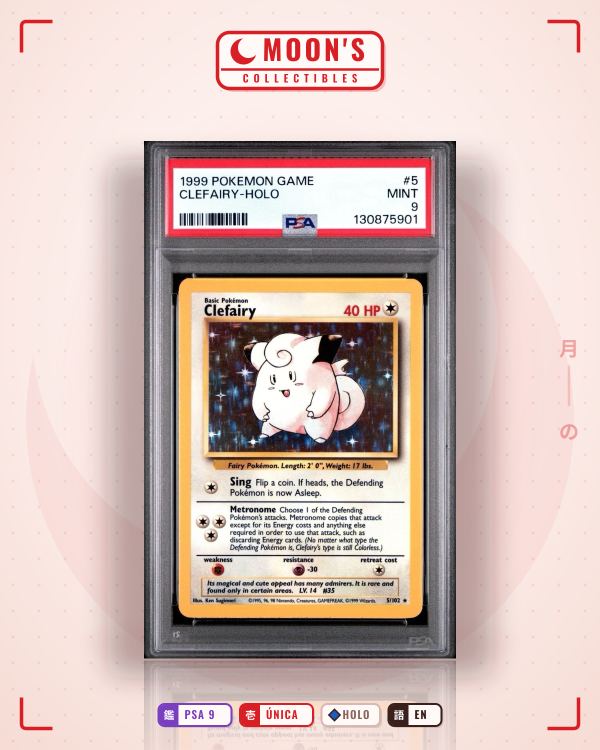 Carta Pokémon Clefairy · Base #5/102 (PSA 9) — pieza única en Moon's Collectibles México