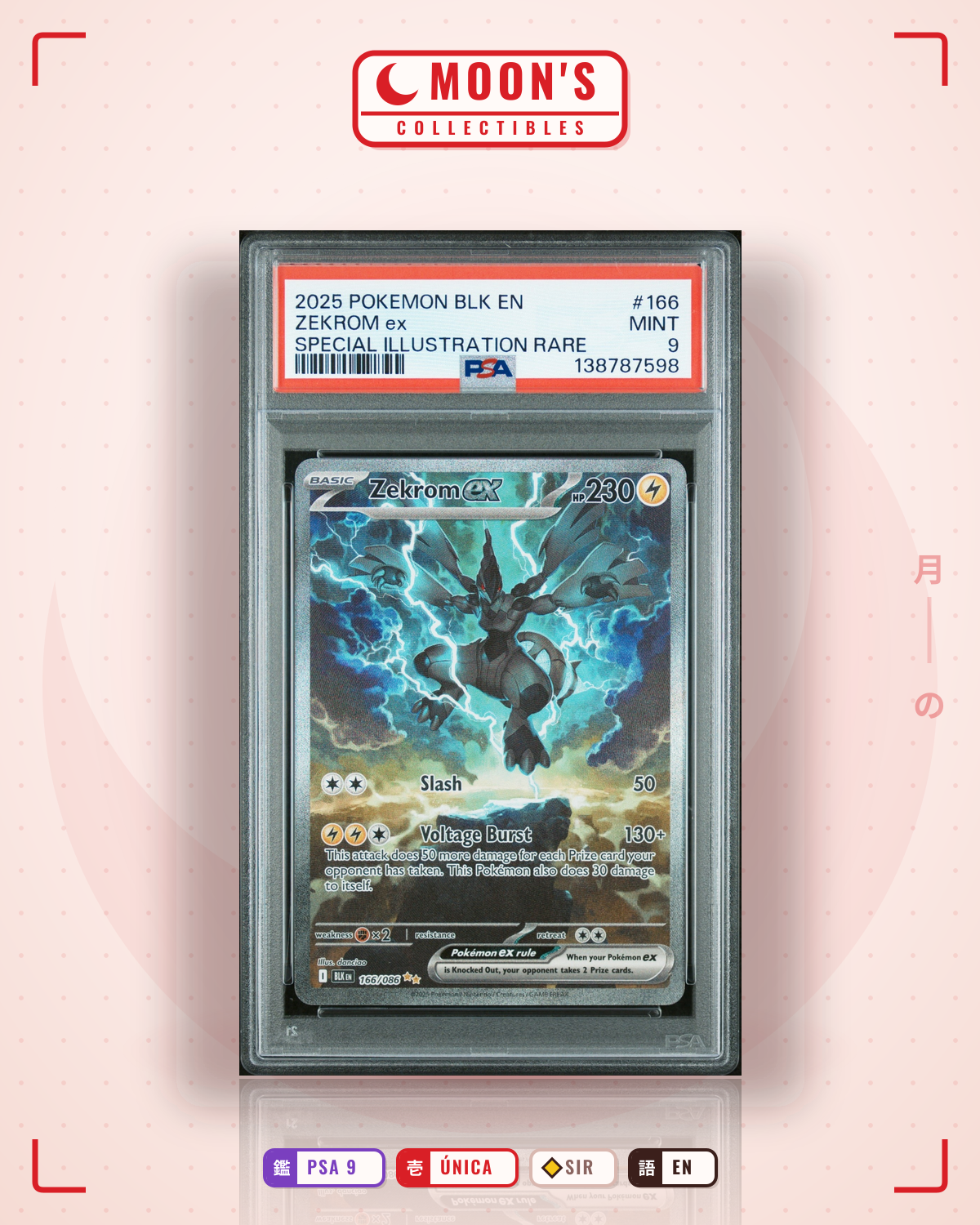 Carta Pokémon Zekrom ex · Black Bolt #166/086 (PSA 9) — pieza única en Moon's Collectibles México