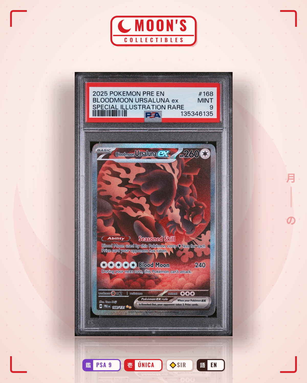 Carta Pokémon Bloodmoon Ursaluna ex · Prismatic Evolutions #168/131 (PSA 9) — pieza única en Moon's Collectibles México