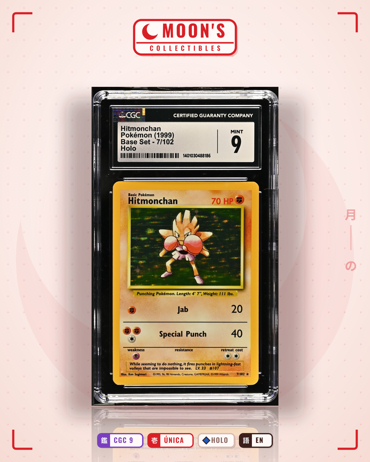 Carta Pokémon Hitmonchan · Base #7/102 (CGC 9) — pieza única en Moon's Collectibles México