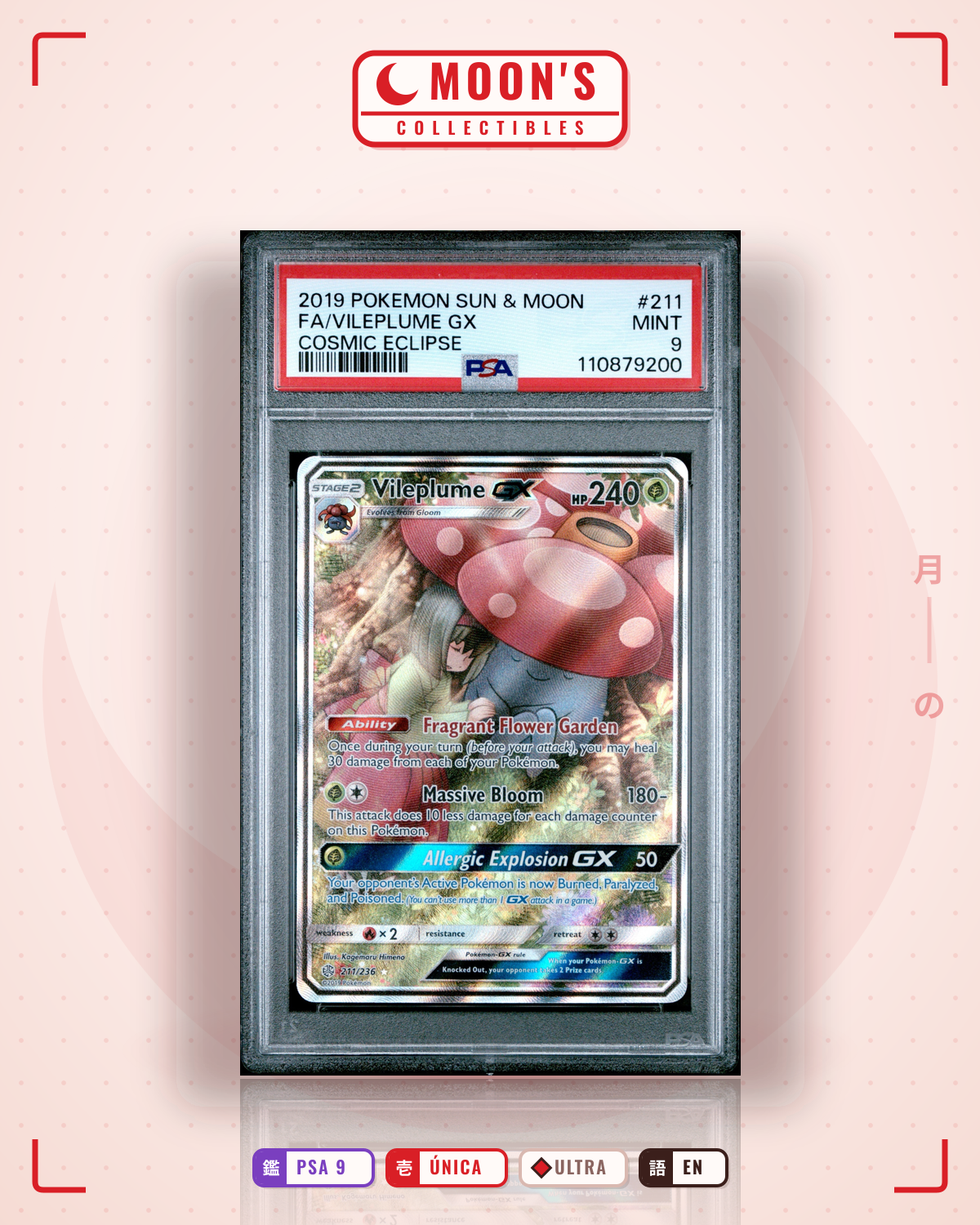 Carta Pokémon Vileplume-GX · Cosmic Eclipse #211/236 (PSA 9) — pieza única en Moon's Collectibles México