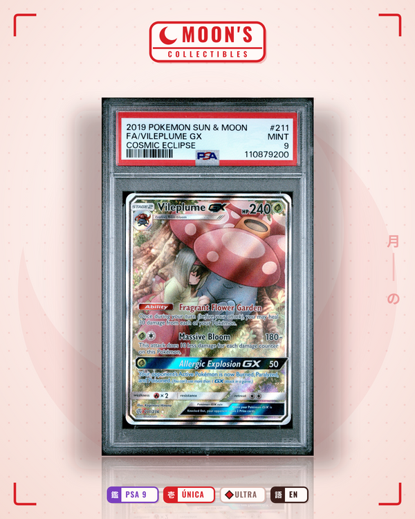 Carta Pokémon Vileplume-GX · Cosmic Eclipse #211/236 (PSA 9) — pieza única en Moon's Collectibles México