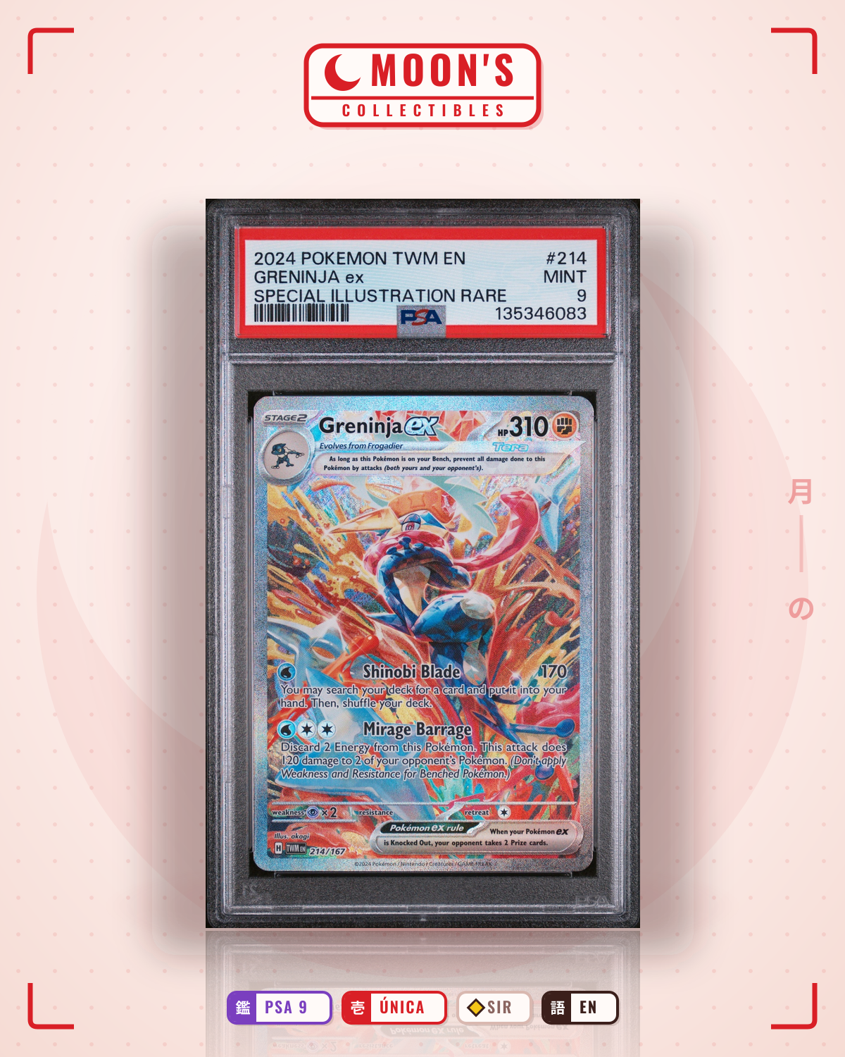 Carta Pokémon Greninja ex · Twilight Masquerade #214/167 (PSA 9) — pieza única en Moon's Collectibles México