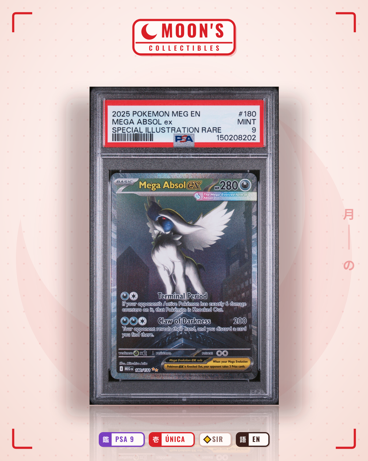 Carta Pokémon Mega Absol ex · Mega Evolution #180/132 (PSA 9) — pieza única en Moon's Collectibles México