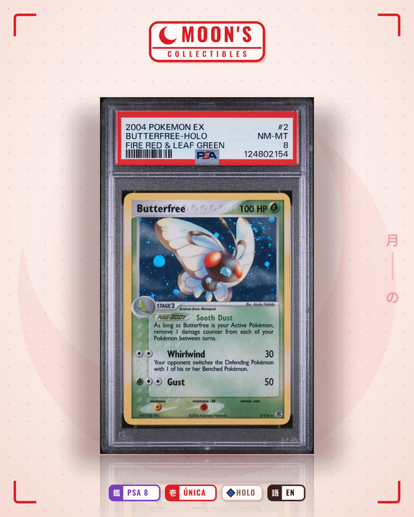 Carta Pokémon Butterfree · FireRed & LeafGreen #2/112 (PSA 8) — pieza única en Moon's Collectibles México