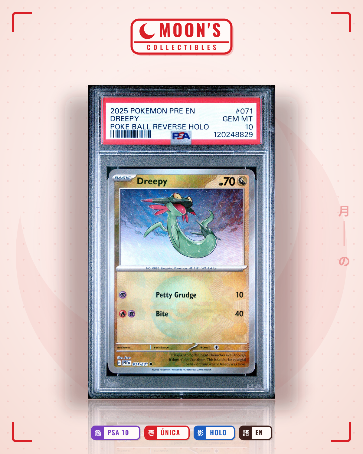 Carta Pokémon Dreepy · Prismatic Evolutions #071/131 (PSA 10) — pieza única en Moon's Collectibles México