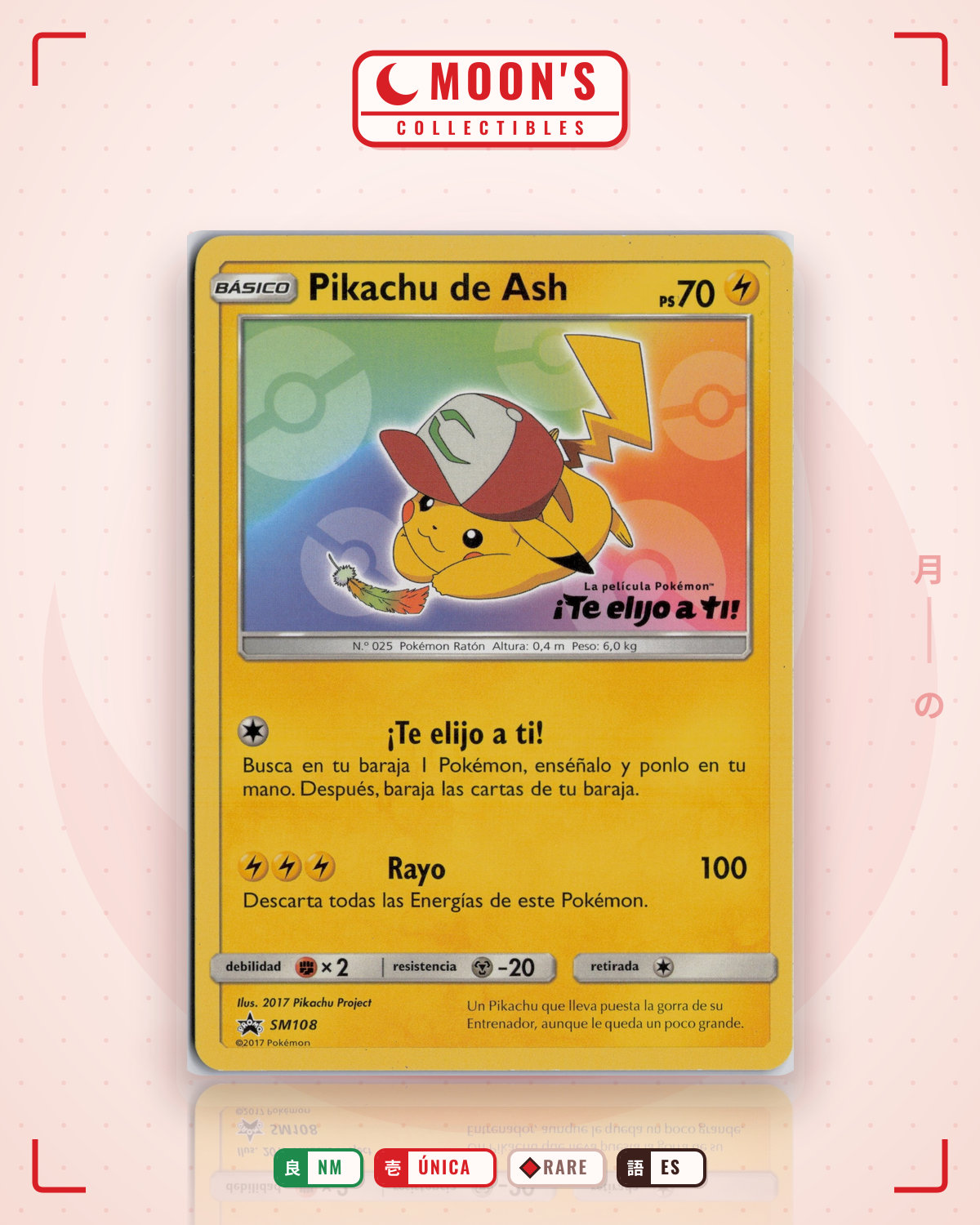 Carta Pokémon Ash's Pikachu · SM Black Star Promos #SM108 (NM) — pieza única en Moon's Collectibles México
