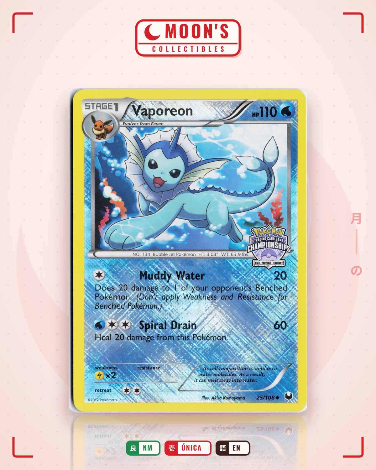 Carta Pokémon Vaporeon · Dark Explorers #25/108 (NM) — pieza única en Moon's Collectibles México