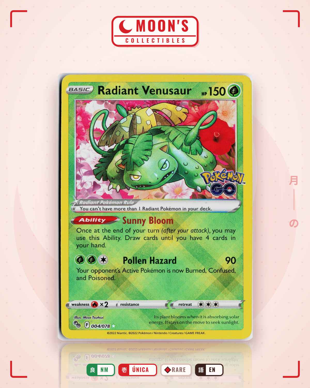 Carta Pokémon Radiant Venusaur · Pokémon GO #004/078 (NM) — pieza única en Moon's Collectibles México