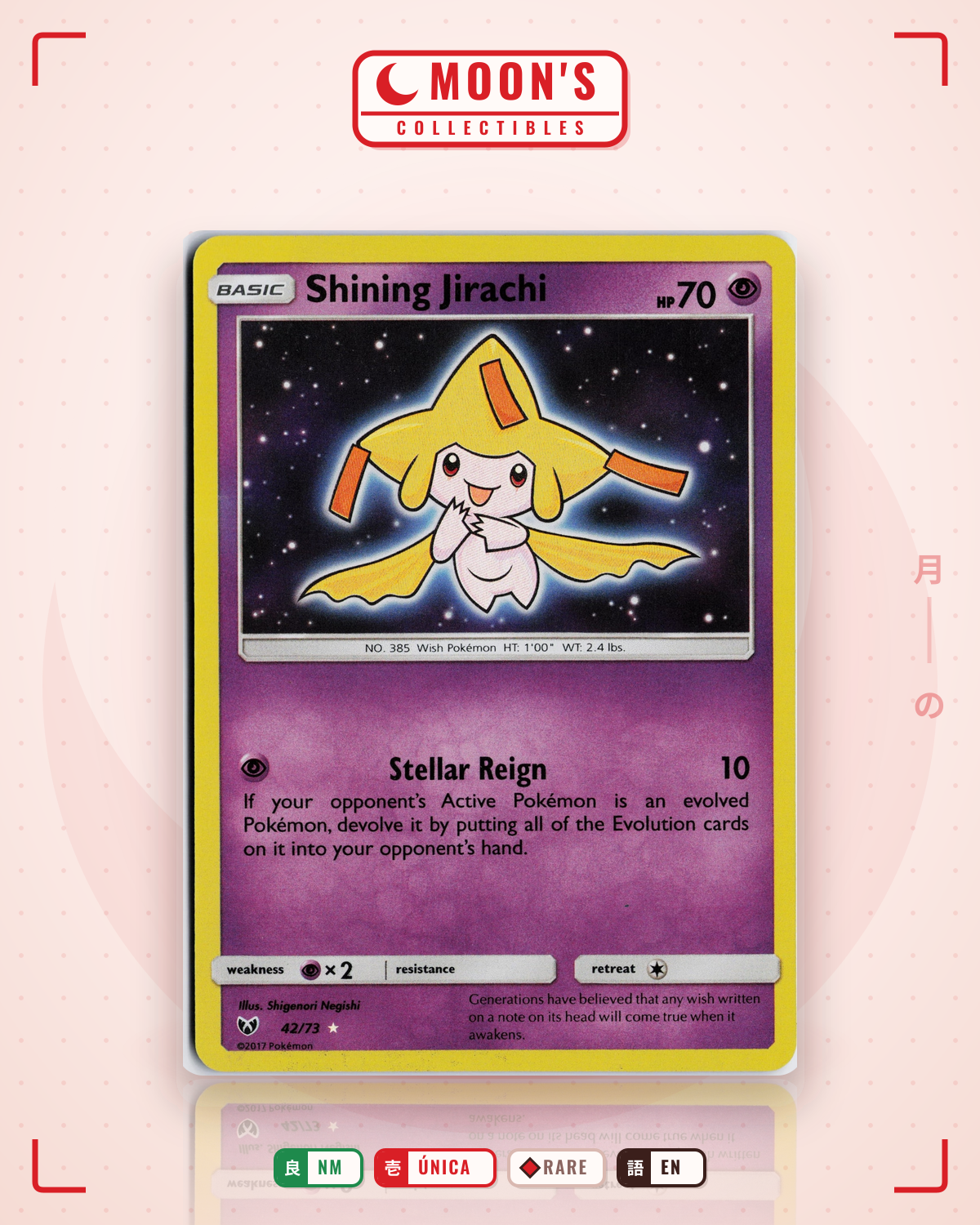 Carta Pokémon Shining Jirachi · Shining Legends #42/73 (NM) — pieza única en Moon's Collectibles México