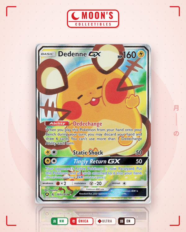 Carta Pokémon Dedenne-GX · Unbroken Bonds #195a/214 (NM) — pieza única en Moon's Collectibles México