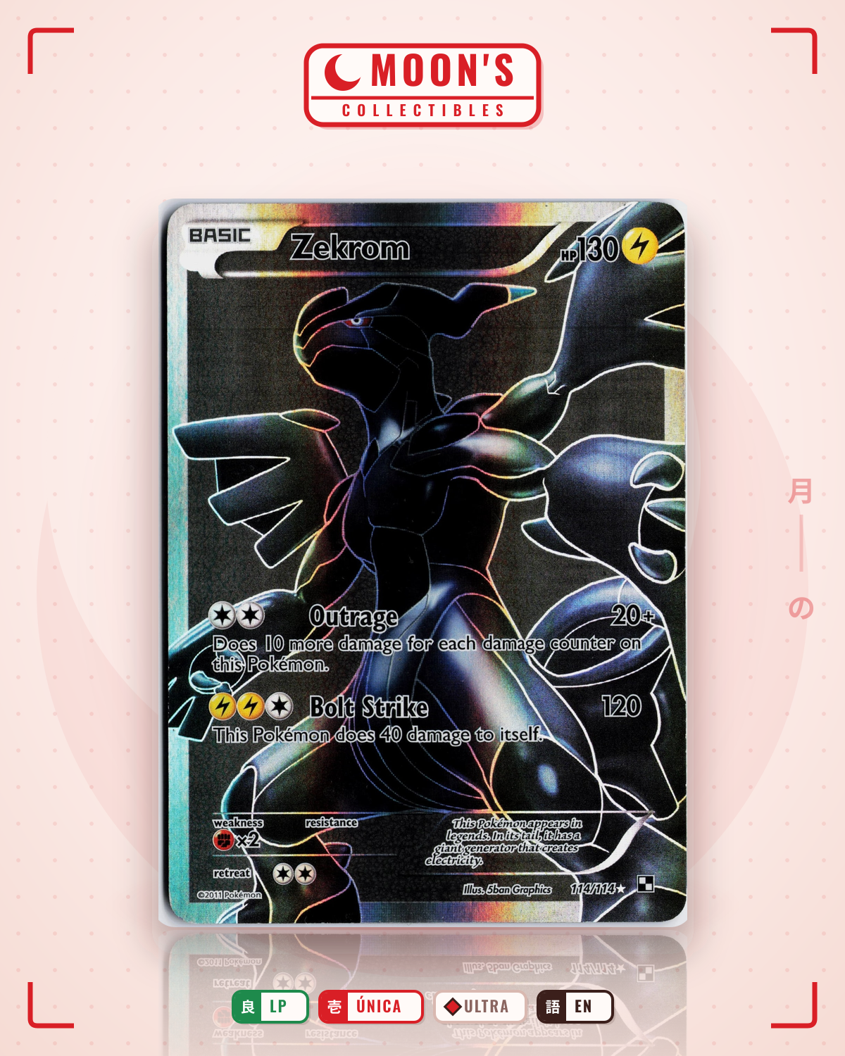 Carta Pokémon Zekrom · Black & White #114/114 (LP) — pieza única en Moon's Collectibles México