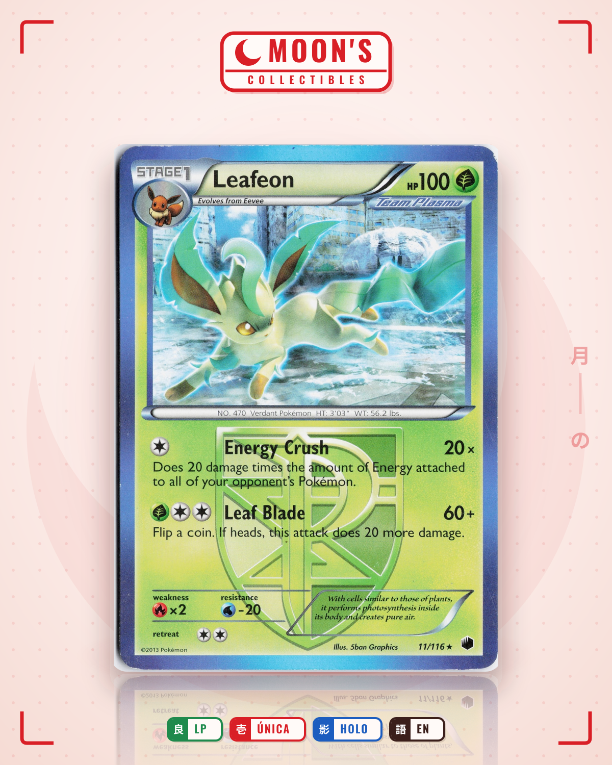 Carta Pokémon Leafeon · Plasma Freeze #11/116 (LP) — pieza única en Moon's Collectibles México