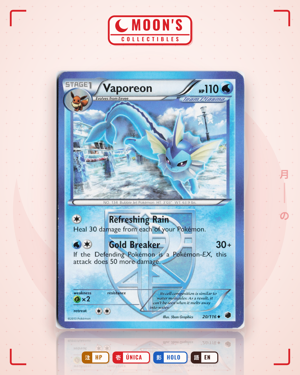 Carta Pokémon Vaporeon · Plasma Freeze #20/116 (HP) — pieza única en Moon's Collectibles México