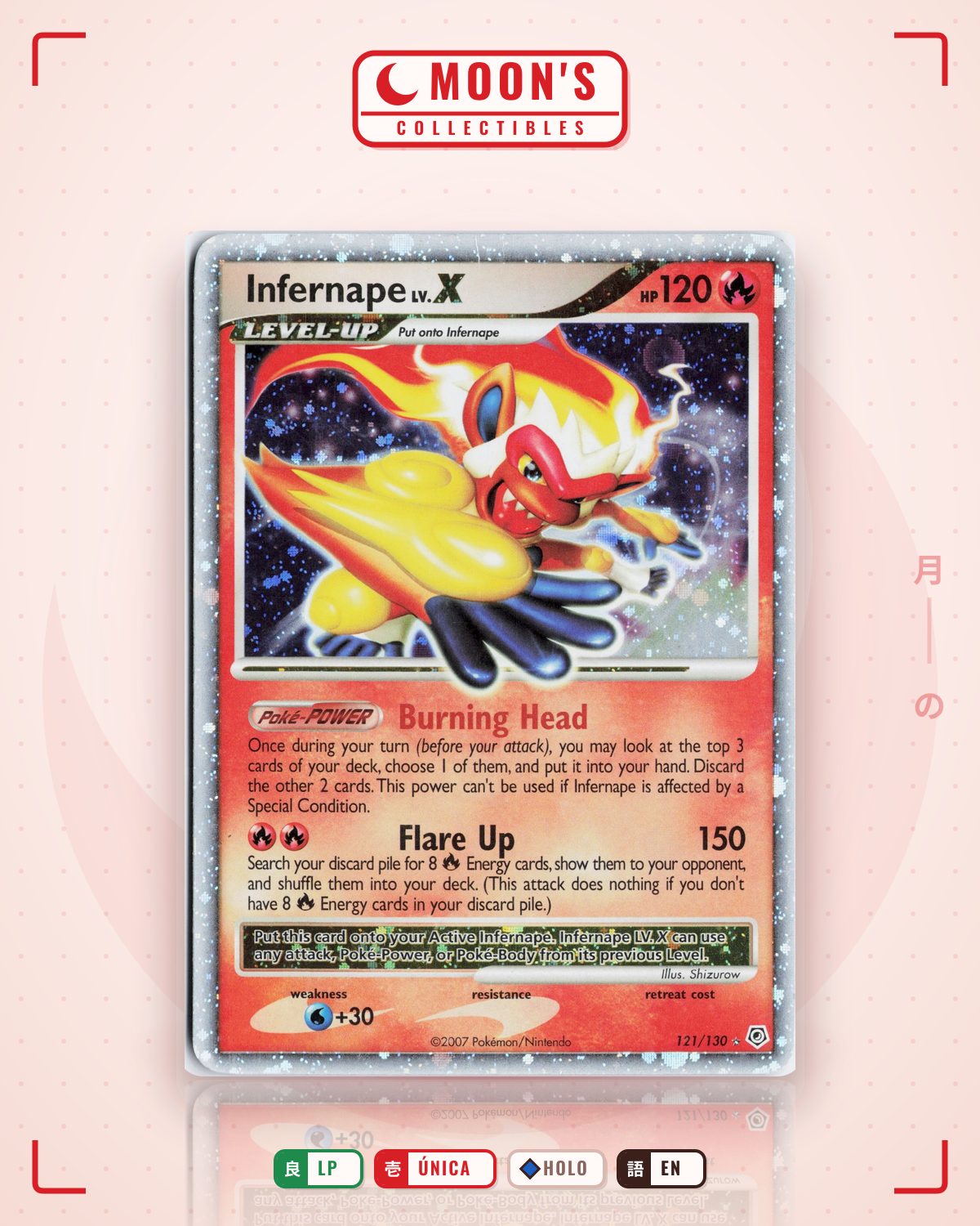 Carta Pokémon Infernape LV.X · Diamond & Pearl #121/130 (LP) — pieza única en Moon's Collectibles México