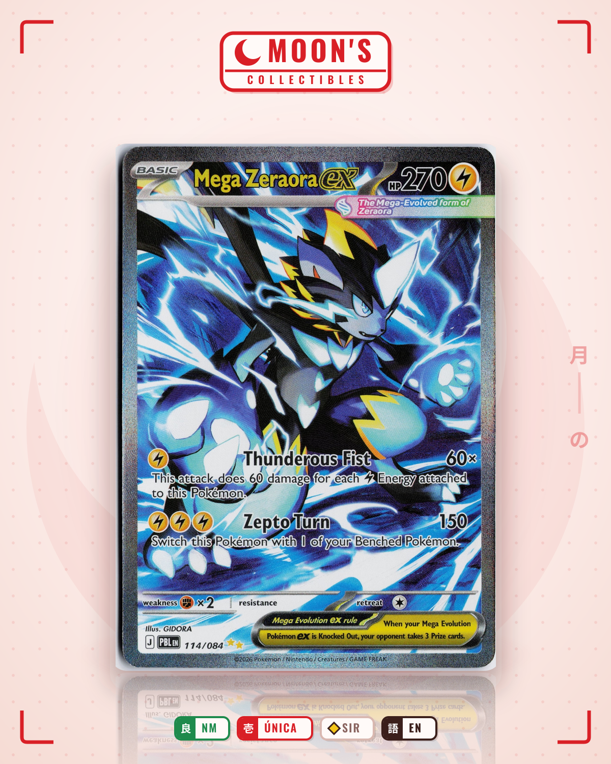Carta Pokémon Mega Zeraora ex · Pitch Black #114/084 (NM) — pieza única en Moon's Collectibles México
