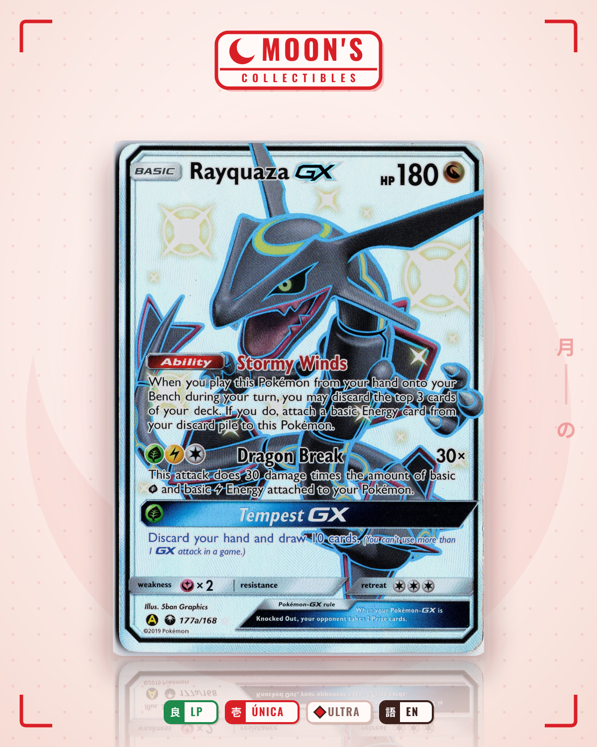 Carta Pokémon Rayquaza-GX · Celestial Storm #177a/168 (LP) — pieza única en Moon's Collectibles México