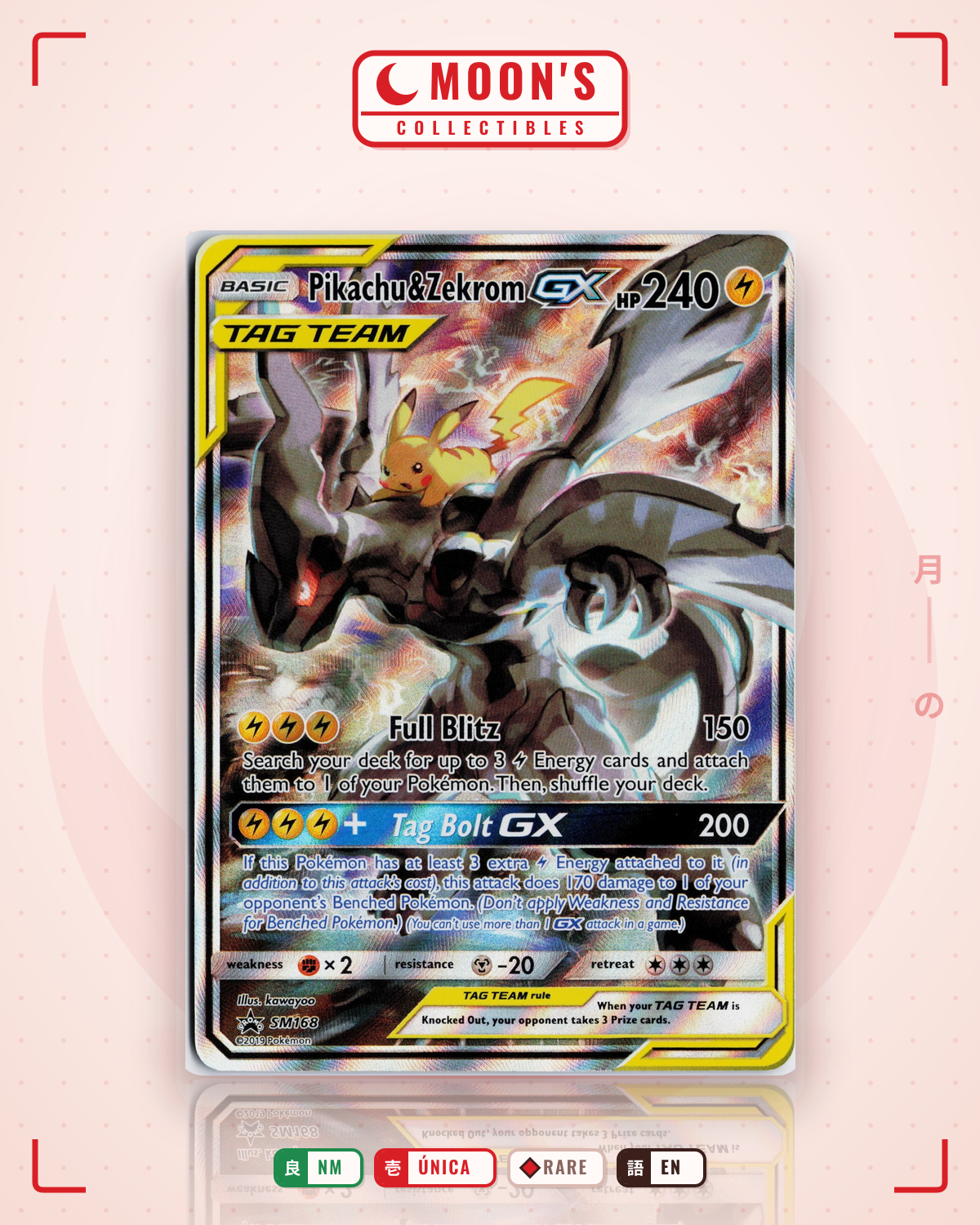 Carta Pokémon Pikachu & Zekrom-GX · SM Black Star Promos #SM168 (NM) — pieza única en Moon's Collectibles México