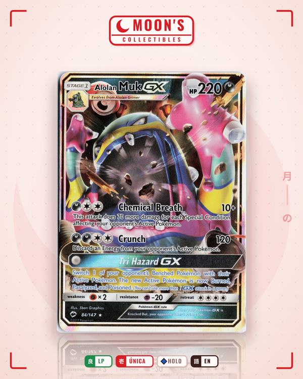 Carta Pokémon Alolan Muk-GX · Burning Shadows #84/147 (LP) — pieza única en Moon's Collectibles México