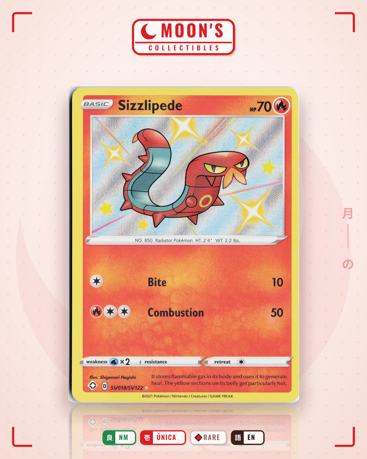 Carta Pokémon Sizzlipede · Shining Fates Shiny Vault #SV018/SV122 (NM) — pieza única en Moon's Collectibles México