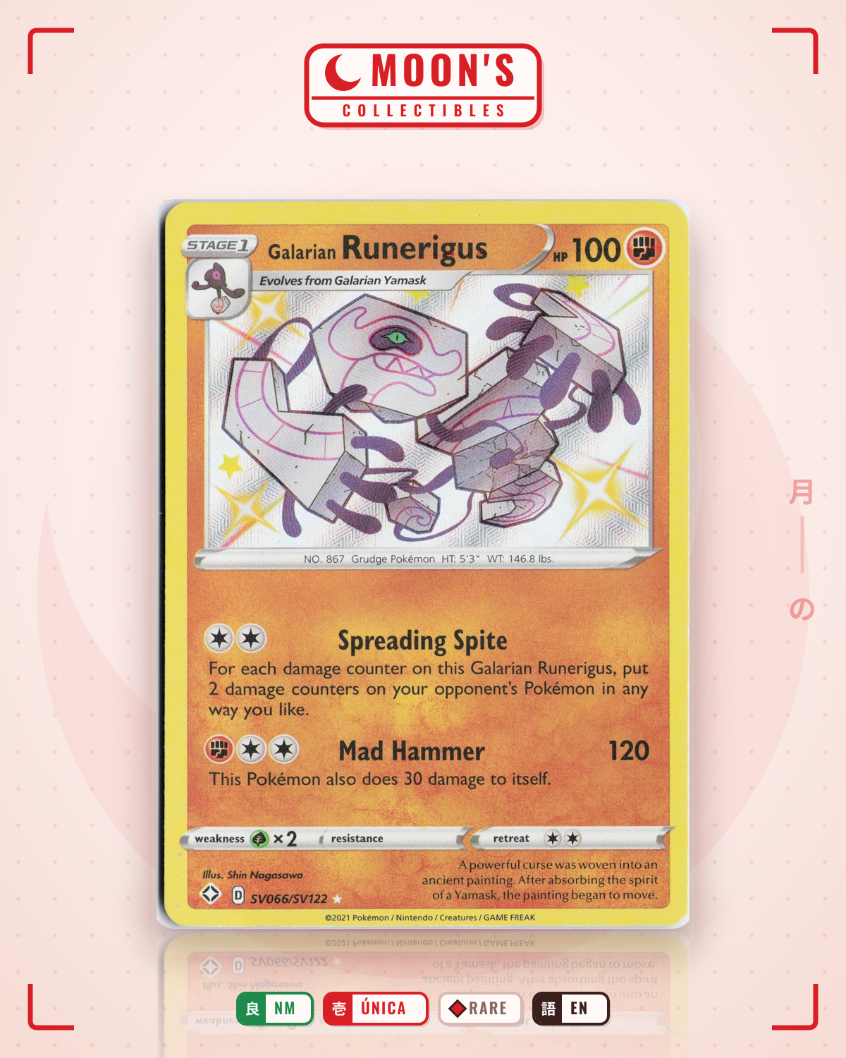 Carta Pokémon Galarian Runerigus · Shining Fates Shiny Vault #SV066/SV122 (NM) — pieza única en Moon's Collectibles México
