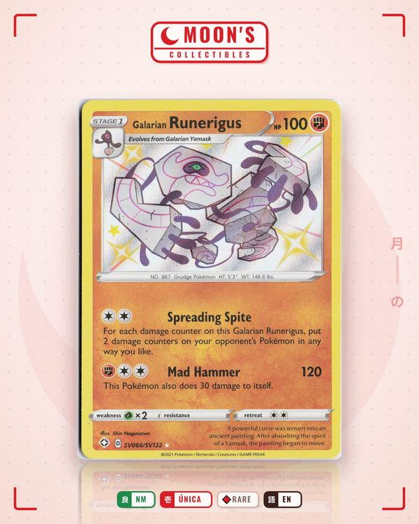 Carta Pokémon Galarian Runerigus · Shining Fates Shiny Vault #SV066/SV122 (NM) — pieza única en Moon's Collectibles México