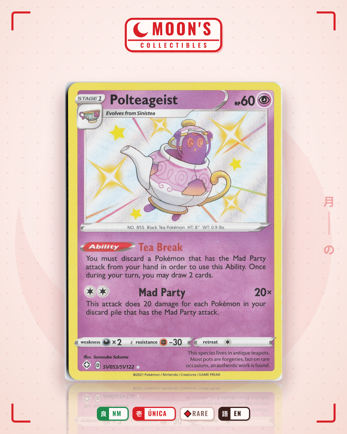 Carta Pokémon Polteageist · Shining Fates Shiny Vault #SV053/SV122 (NM) — pieza única en Moon's Collectibles México