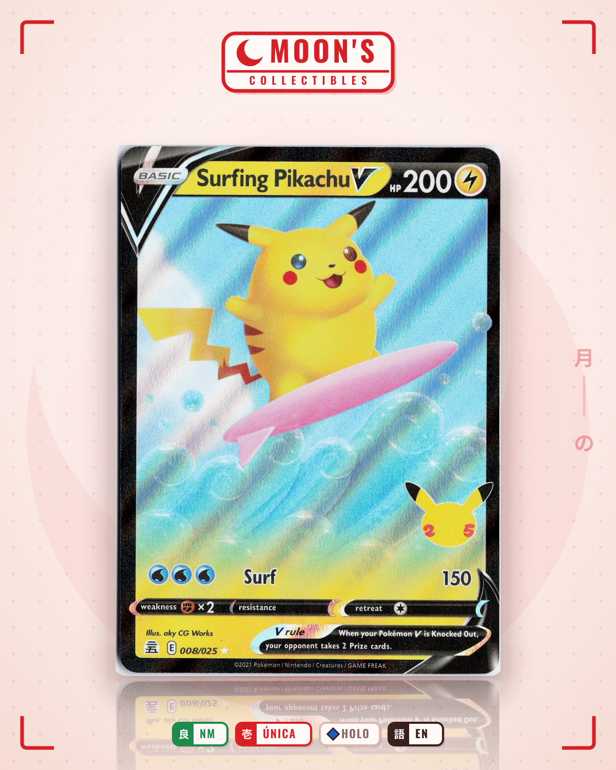 Carta Pokémon Surfing Pikachu V · Celebrations #8 (NM) — pieza única en Moon's Collectibles México