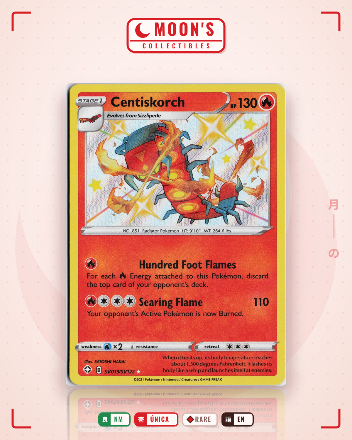 Carta Pokémon Centiskorch · Shining Fates Shiny Vault #SV019/SV122 (NM) — pieza única en Moon's Collectibles México
