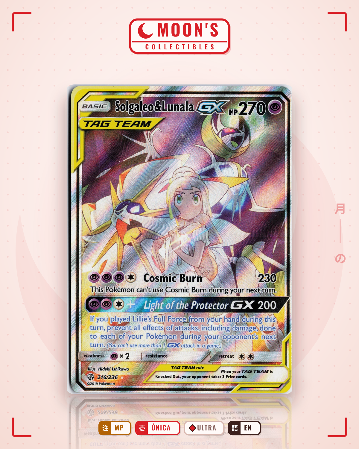 Carta Pokémon Solgaleo & Lunala-GX · Cosmic Eclipse #216/236 (MP) — pieza única en Moon's Collectibles México