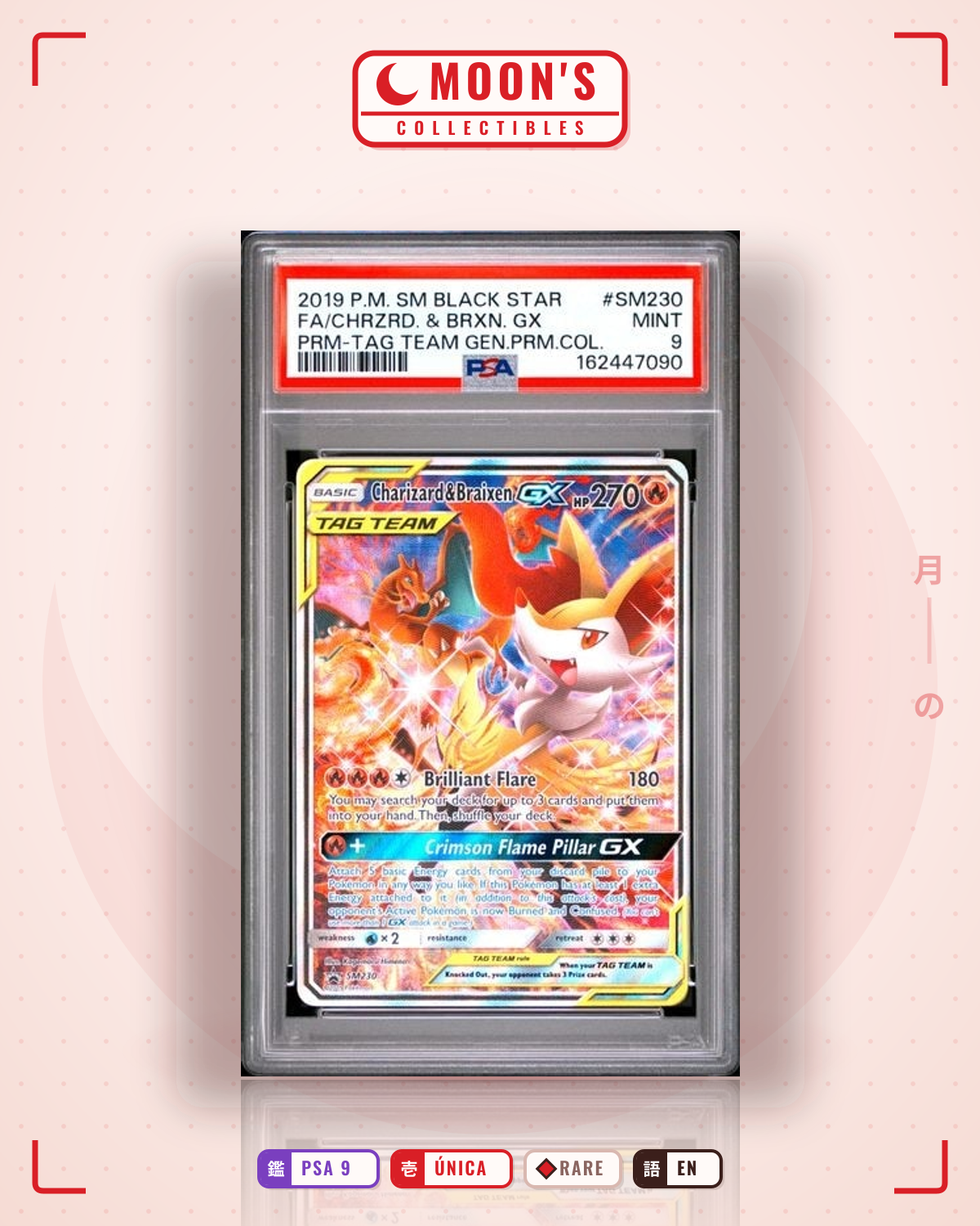 Carta Pokémon Charizard & Braixen-GX · SM Black Star Promos #SM230 (PSA 9) — pieza única en Moon's Collectibles México
