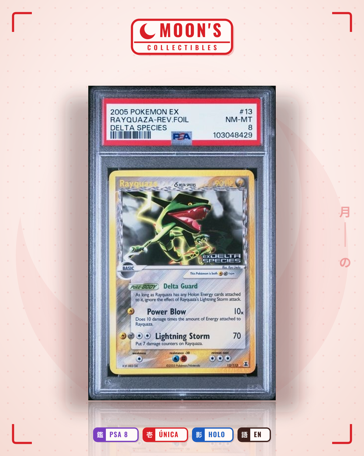 Carta Pokémon Rayquaza δ · Delta Species #13/113 (PSA 8) — pieza única en Moon's Collectibles México