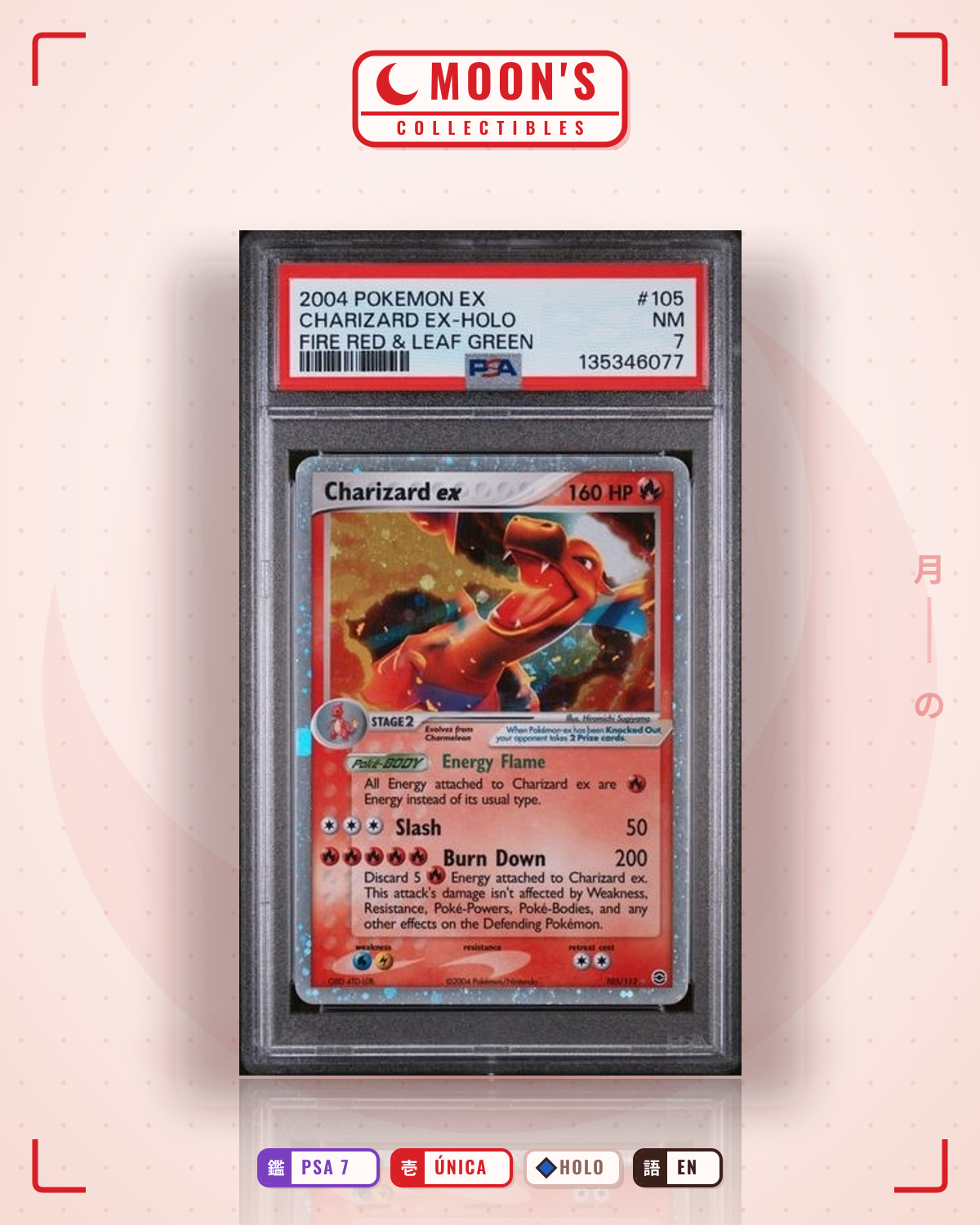 Carta Pokémon Charizard ex · FireRed & LeafGreen #105/112 (PSA 7) — pieza única en Moon's Collectibles México