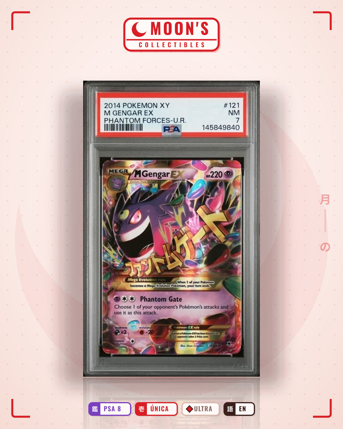 Carta Pokémon M Gengar-EX · Phantom Forces #121/119 (PSA 8) — pieza única en Moon's Collectibles México