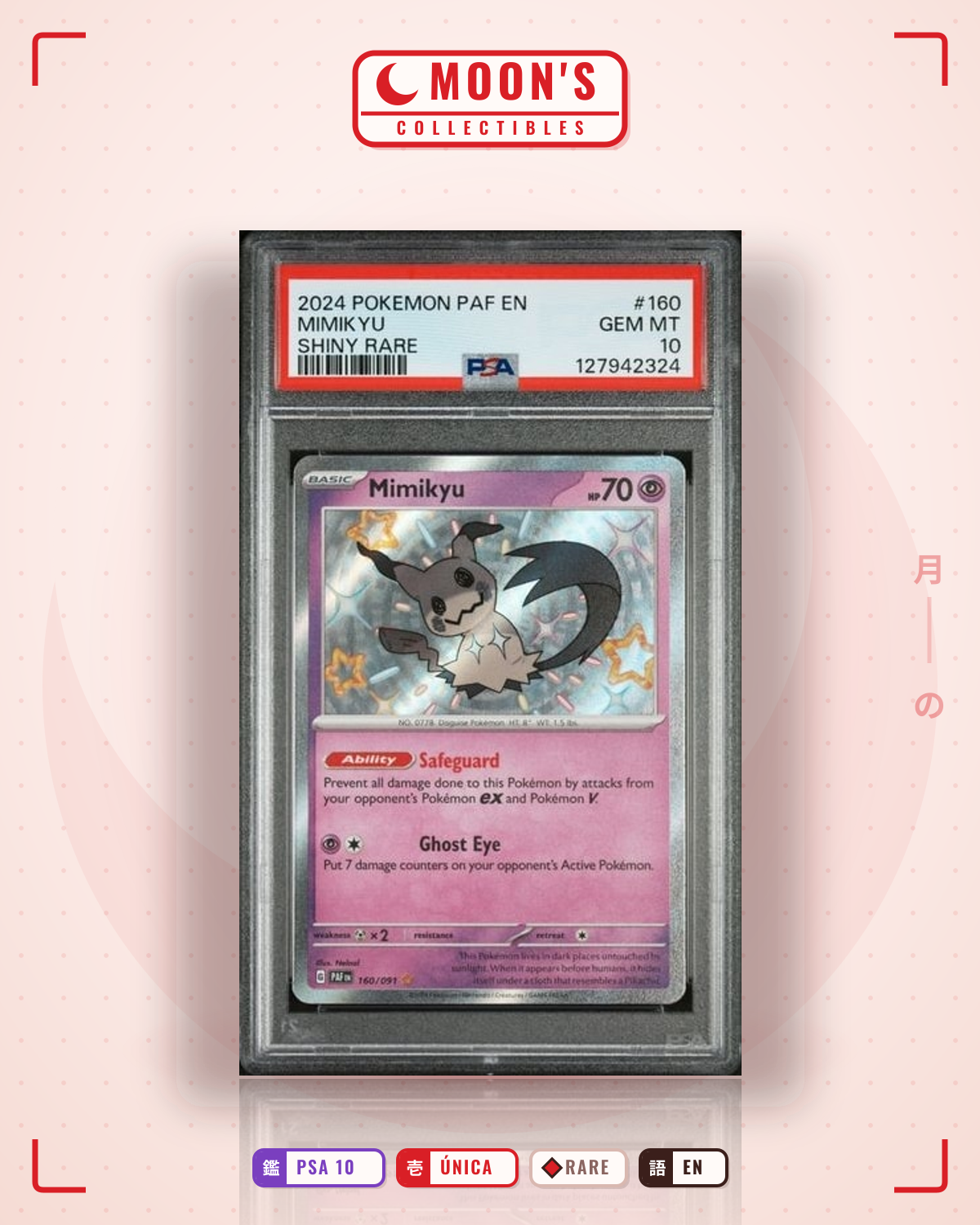 Carta Pokémon Mimikyu · Paldean Fates #160/091 (PSA 10) — pieza única en Moon's Collectibles México