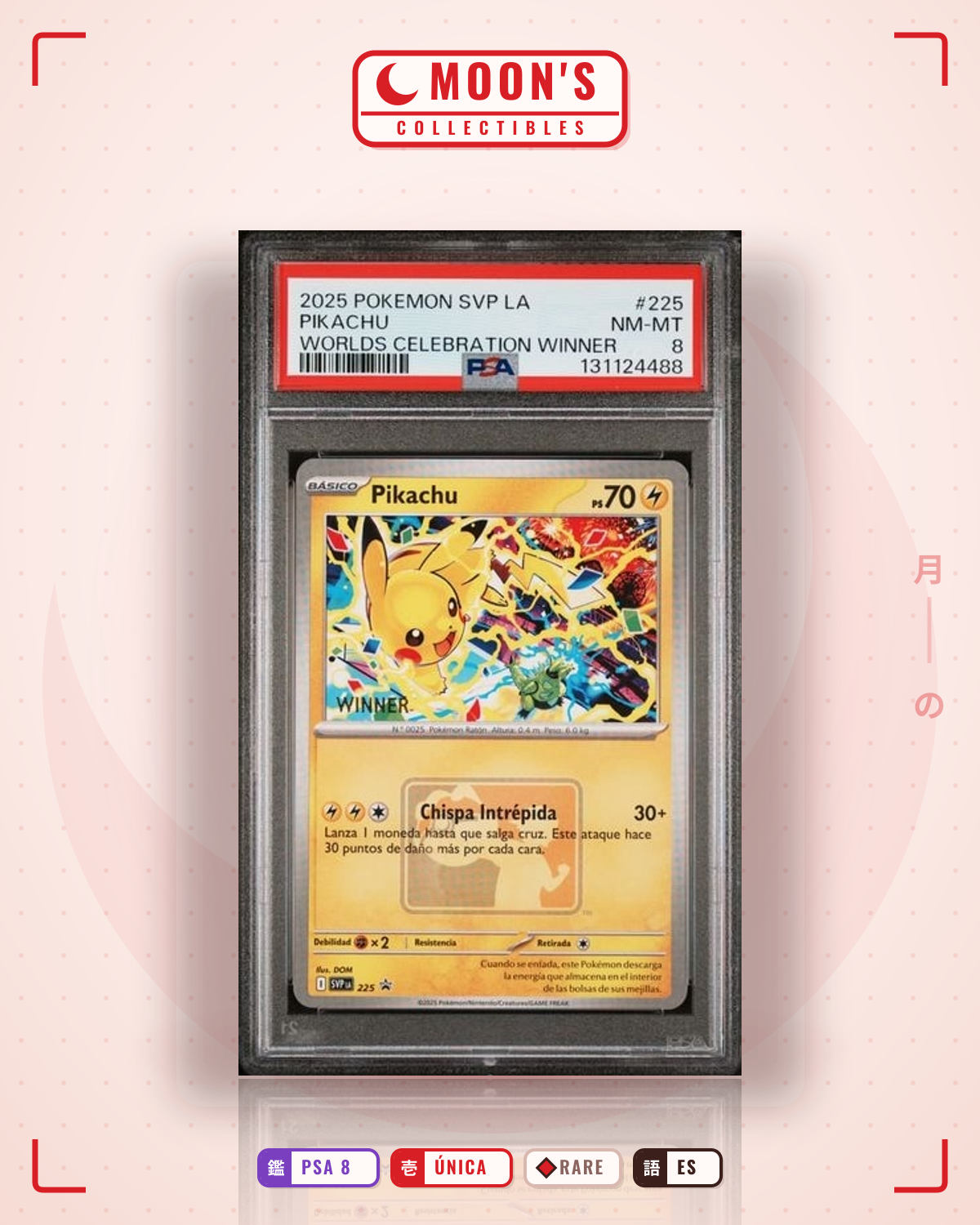 Carta Pokémon Pikachu · Scarlet & Violet Black Star Promos #225 (PSA 8) — pieza única en Moon's Collectibles México