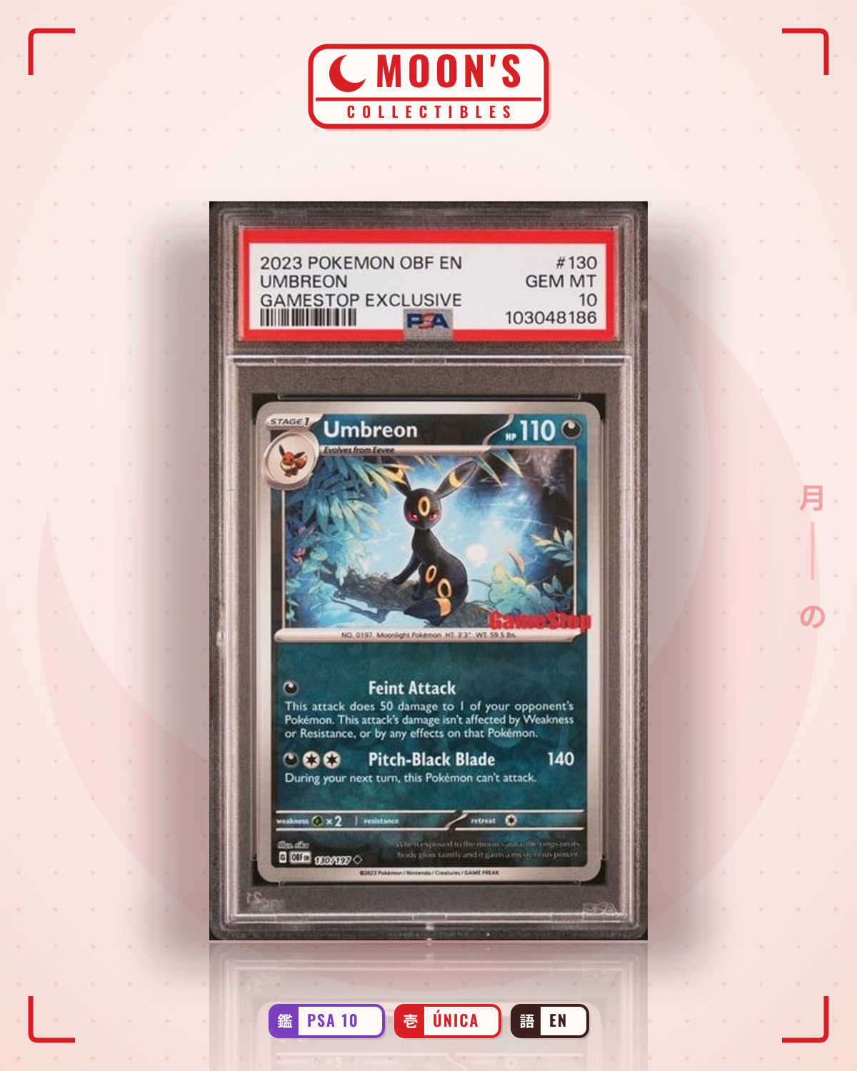 Carta Pokémon Umbreon · Obsidian Flames #130/197 (PSA 10) — pieza única en Moon's Collectibles México
