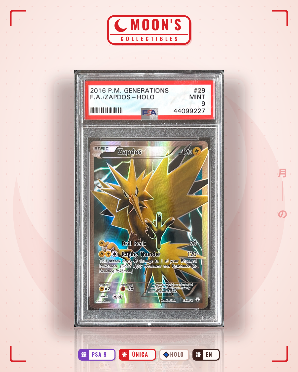 Carta Pokémon Zapdos · Generations #29/83 (PSA 9) — pieza única en Moon's Collectibles México