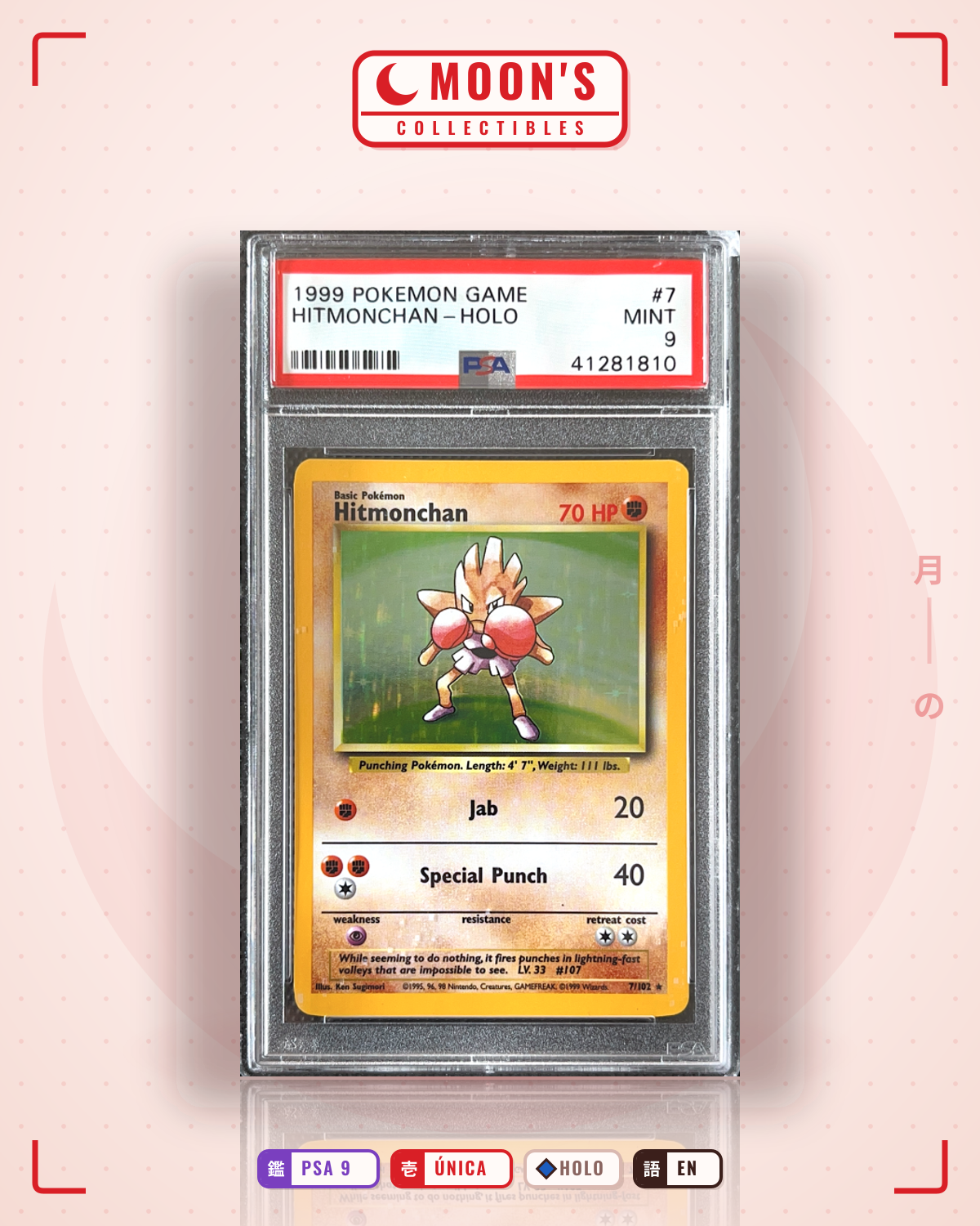 Carta Pokémon Hitmonchan · Base #7/102 (PSA 9) — pieza única en Moon's Collectibles México