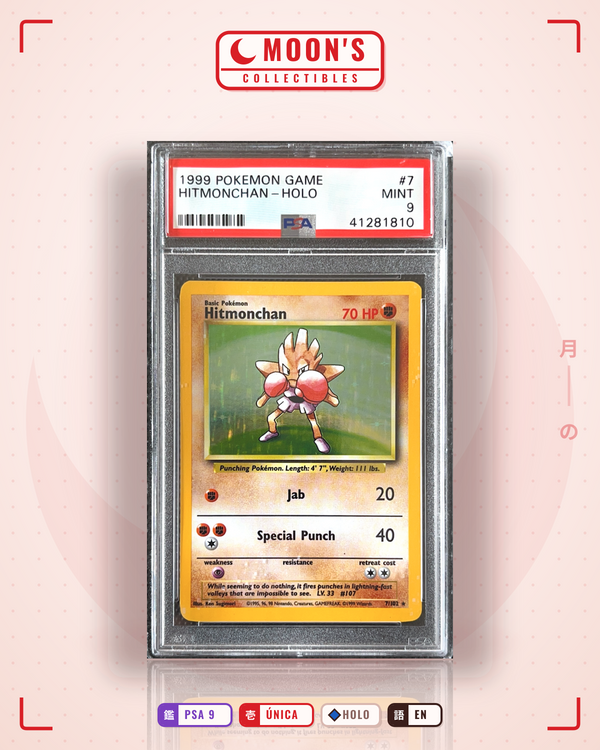 Carta Pokémon Hitmonchan · Base #7/102 (PSA 9) — pieza única en Moon's Collectibles México